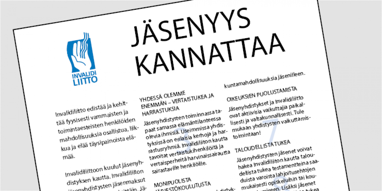 Invalidiliiton "Jäsenyys kannattaa" -flyer. Kuvituskuva.