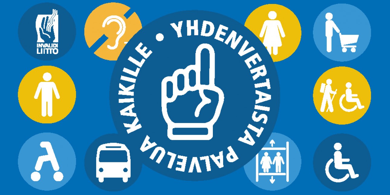 Yhdenvertaista palvelua kaikille -merkin logo ja vammaisuuteen liittyviä symboleita.