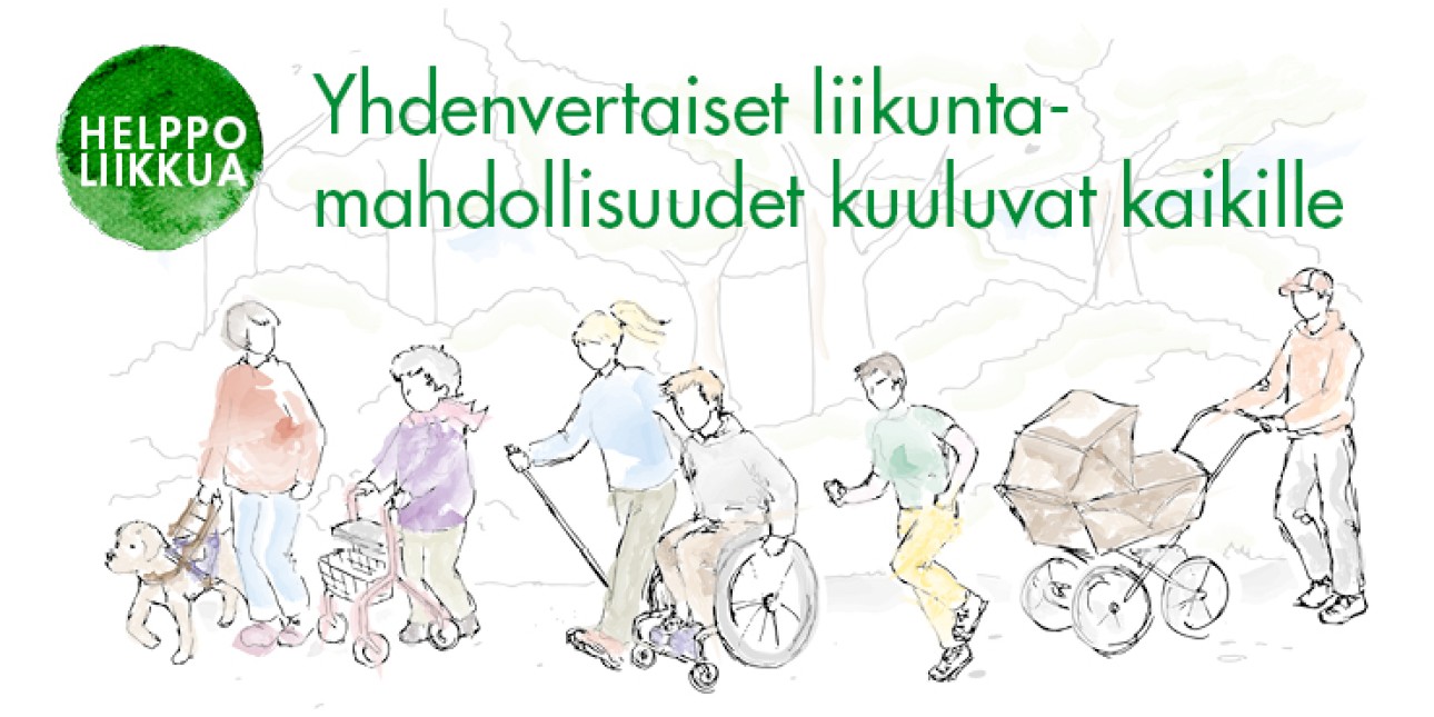 Helppo liikkua -logo ja teksti Yhdenvertaiset liikuntamahdollisuudet kuuluvat kaikille.