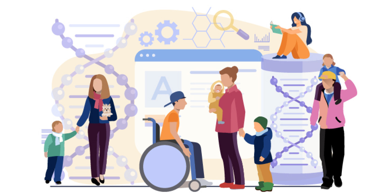 Kuvituskuvassa eri-ikäisiä ihmisiä tietolaatikon ja geenien edessä.