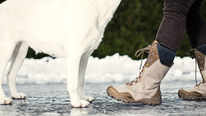 Jäisellä tiellä valkoisen labradorinnoutajan alaosa ja ihmisen saappaat ja housut