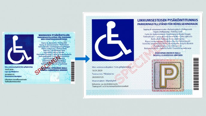 Vammaisen pysäköintilupa ja uusi liikkumisesteisen pysäköintitunnus.