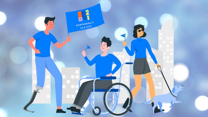 Vammaisia nuoria esittävät piirroshahmot heiluttavat kuntavaalilippua. 