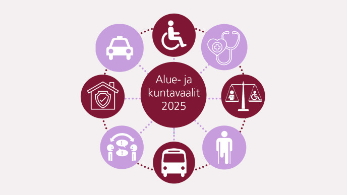 Invalidiliiton alue- ja kuntavaalitunnus, jossa on erilaisia symboleja